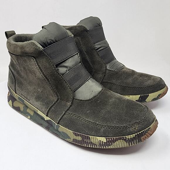 Sorel Out N About Sneaker Boot Women 10M Plus Mid Alpine Tundra Green Suede Camo - Picture 1 of 13